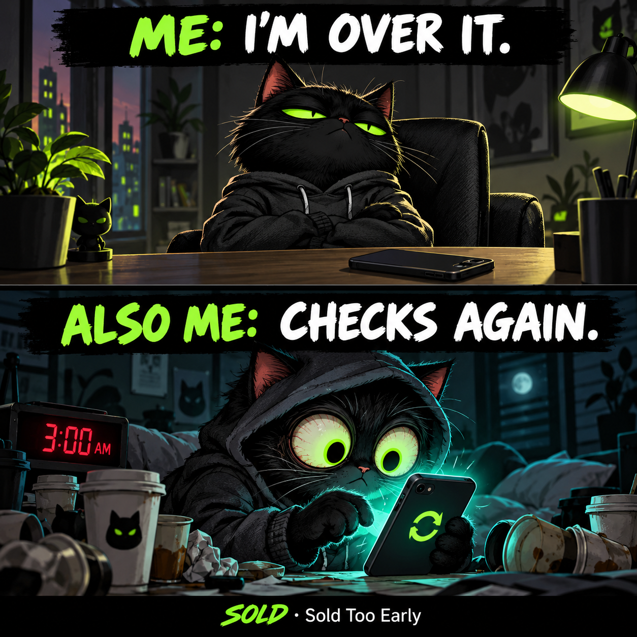 A black cat looks calm beneath ME: I'M OVER IT, then checks its phone again beneath ALSO ME: CHECKS AGAIN.