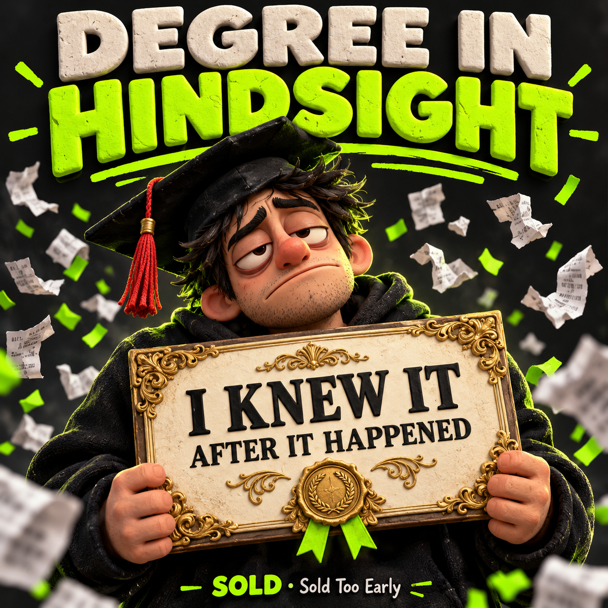 A clay-style graduate holds a diploma reading I KNEW IT, AFTER IT HAPPENED, under DEGREE IN HINDSIGHT.